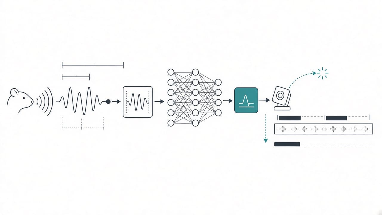 AI-generated editorial illustration: Millisecond-scale detection of mouse ultrasonic vocalizations enables closed-loop experiments