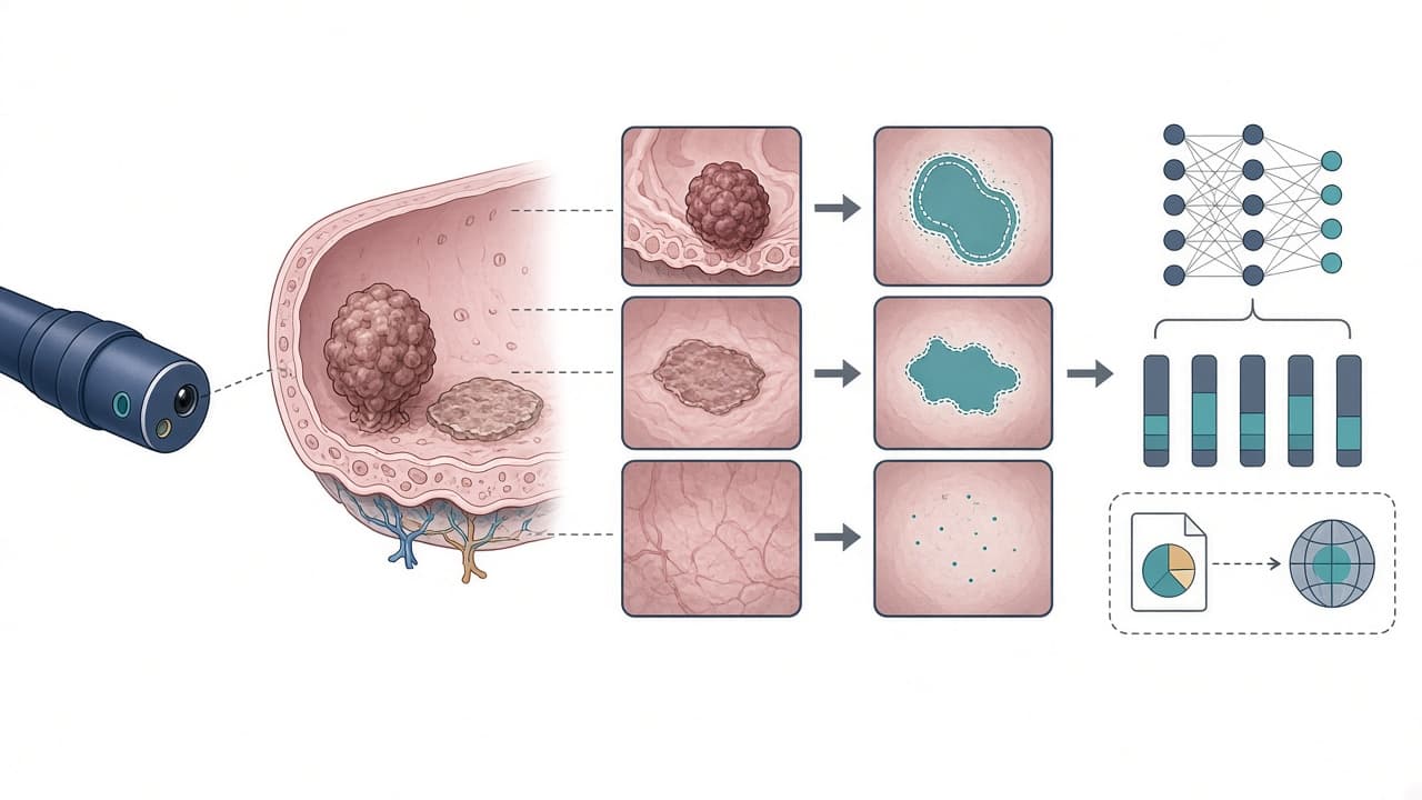 AI-generated editorial illustration: FAR-POLYP-SEG: A Prospective Single-Center Colonoscopy Dataset for Colorectal Polyp Segmentation with Patient-Level Metadata and Baseline Cross-Dataset Evaluation.