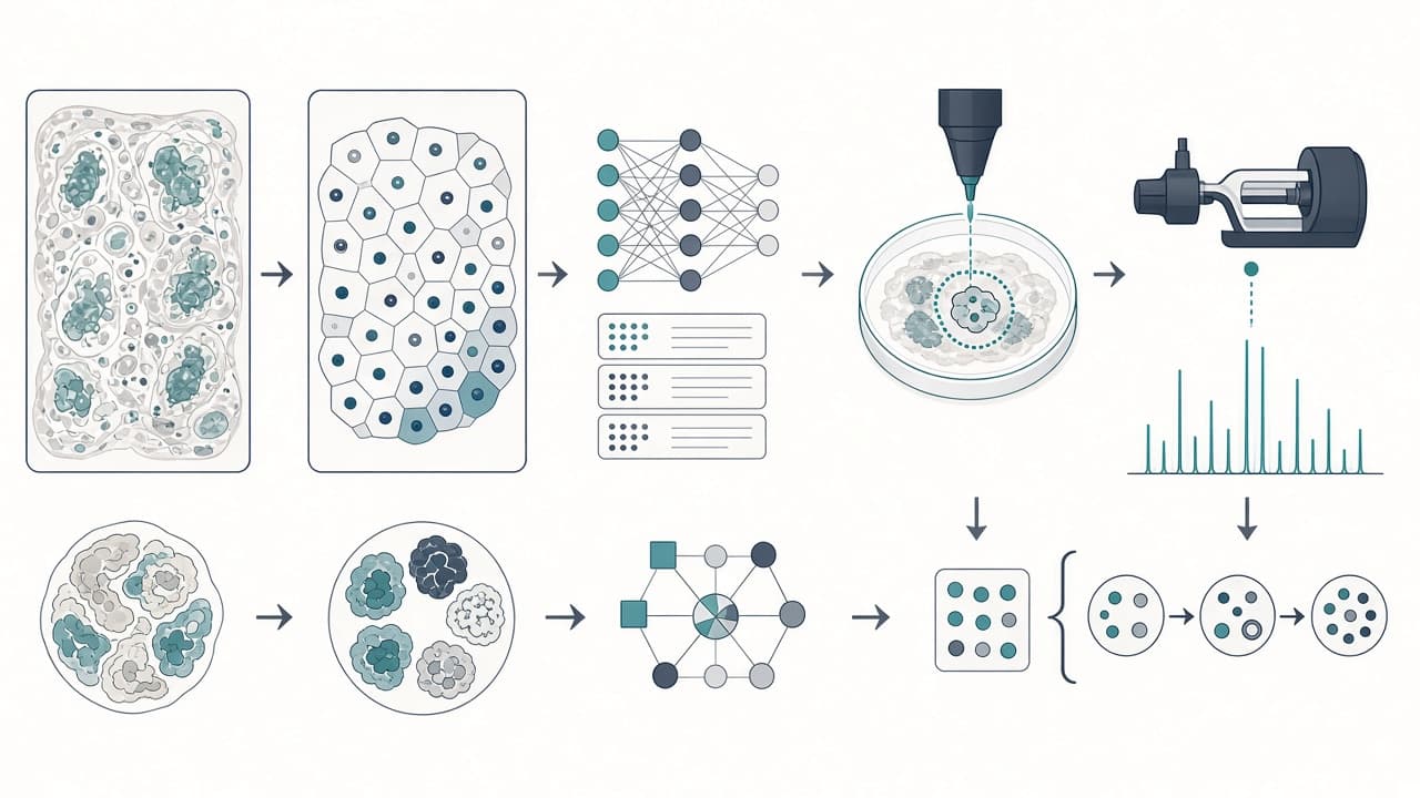 AI-generated editorial illustration: Multiplexed deep visual proteomics resolves spatial heterogeneity and rare endocrine states in human pancreatic islets