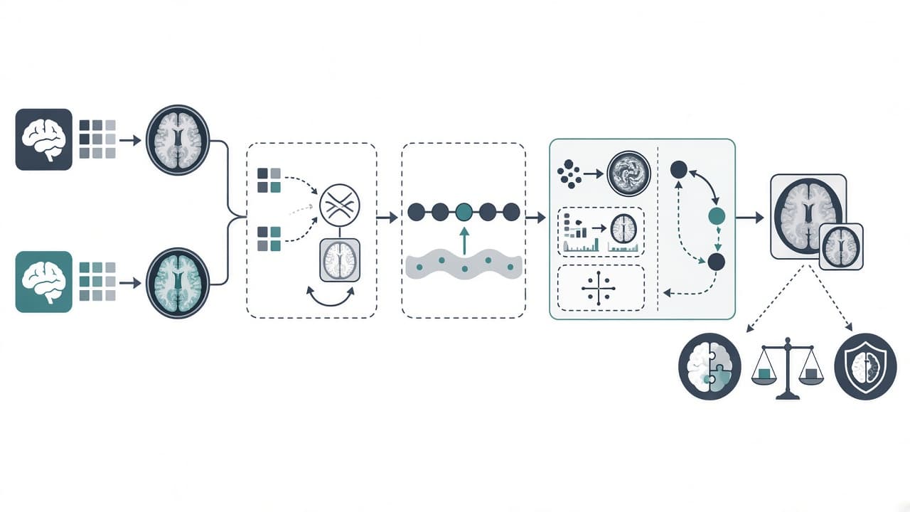 AI-generated editorial illustration: MPFlow: Multi-modal Posterior-Guided Flow Matching for Zero-Shot MRI Reconstruction