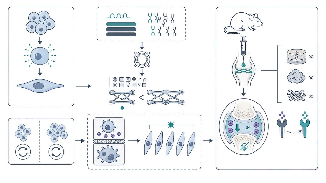 AI-generated editorial illustration: TGFB1-Engineered Induced Mesenchymal Stromal Cells Exhibit High Immunomodulatory Potency and Durably Reprogram Synovial Macrophages in Osteoarthritis