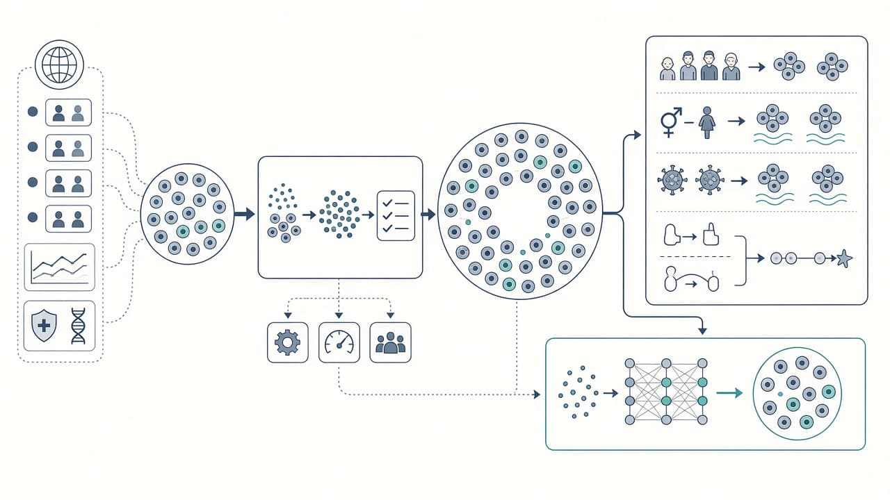 AI-generated editorial illustration: A Community-Driven Single-Cell PBMC Reference Integrating Landmark Datasets Spanning Health and Disease