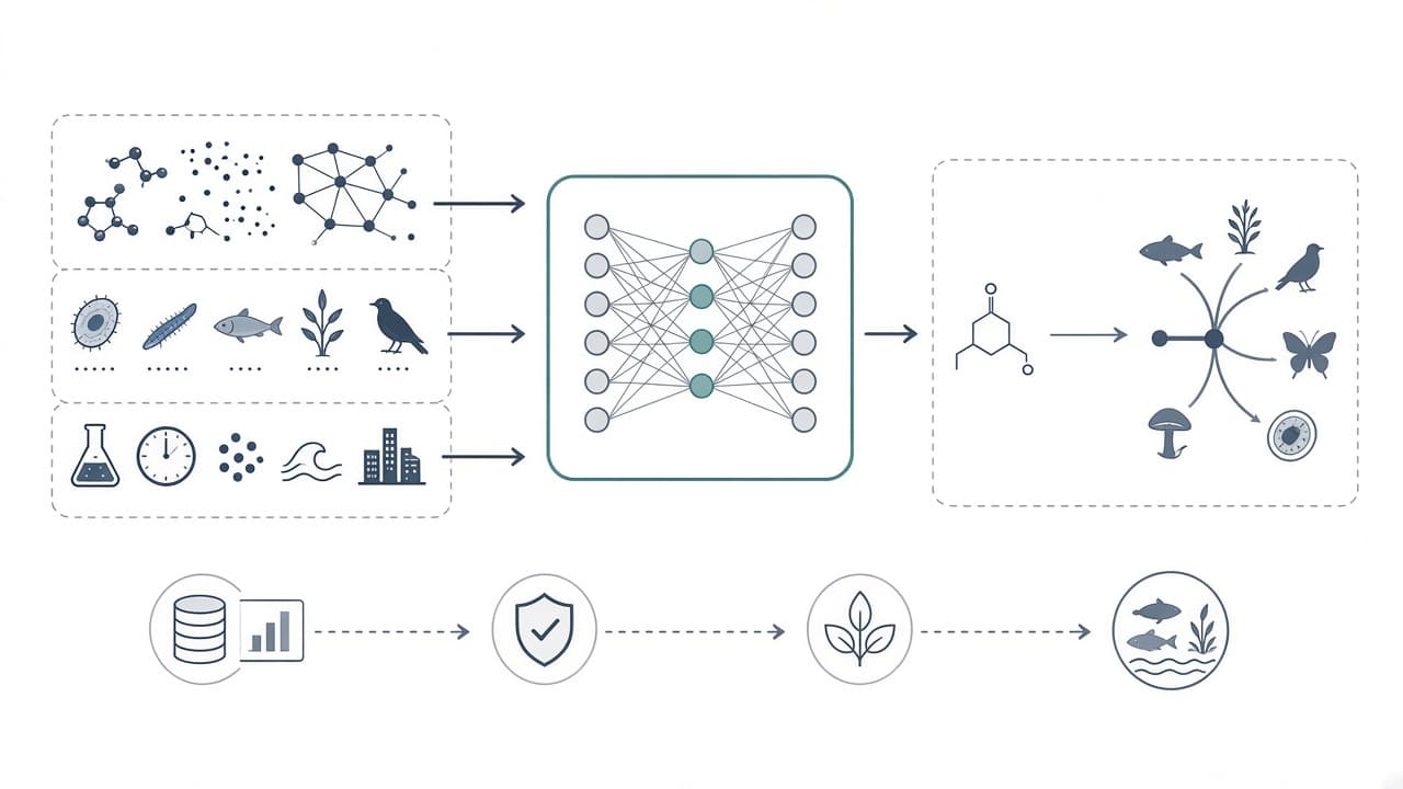 AI-generated editorial illustration: Assessing chemical toxicity across Eukaryota using multimodal transformers