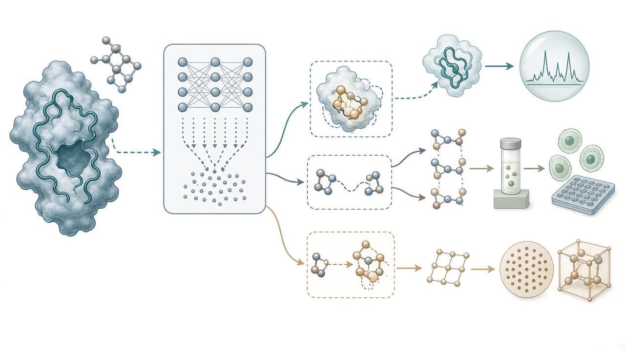 AI-generated editorial illustration: A Unified 3D Generative Model for Synthesizable Structure-Based Drug Design