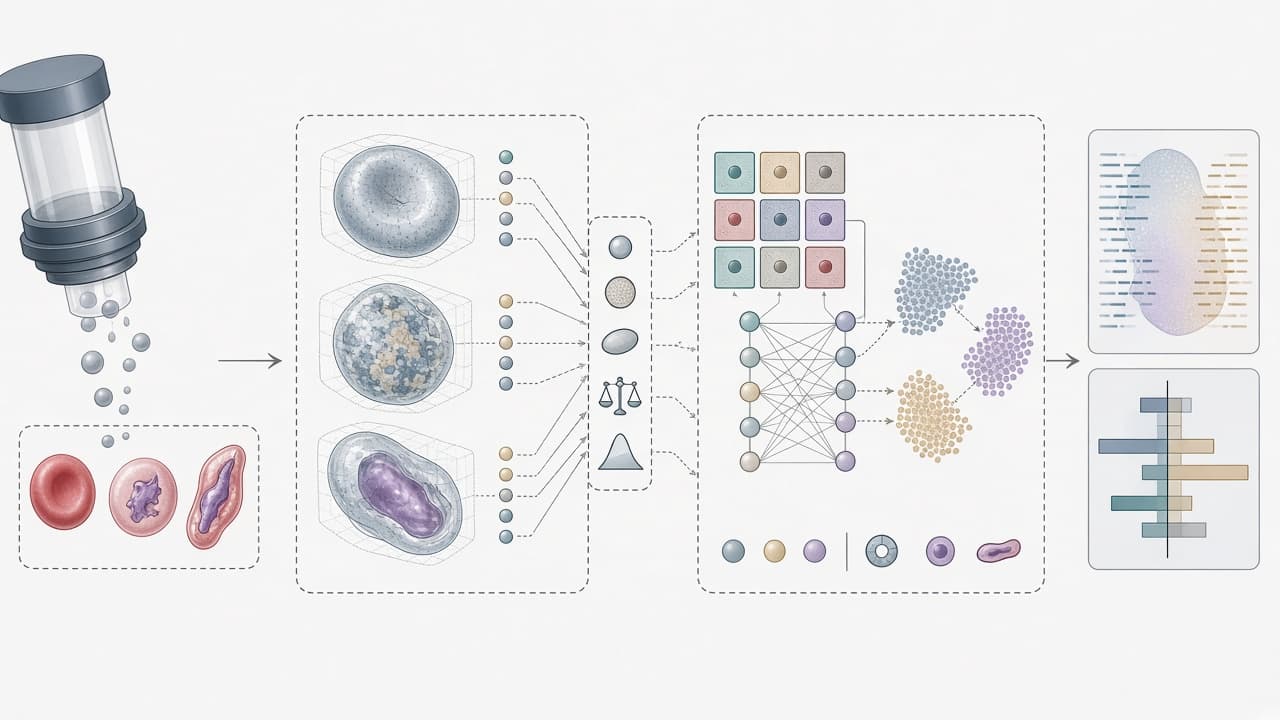 AI-generated editorial illustration: Optical Diffraction Tomography and Interpretable Machine Learning Reveal Biophysical Signatures of Gametocyte-Stage Malaria in Red Blood Cells