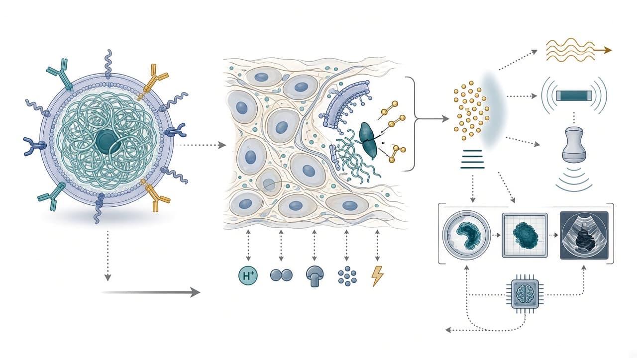 AI-generated editorial illustration: Programmable nanoprobes for molecular imaging of cancer: toward adaptive and context-responsive diagnostics.