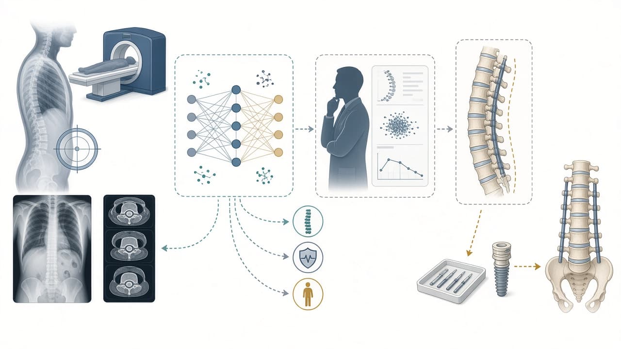 AI-generated editorial illustration: [Artificial intelligence empowering spinal deformity surgery: from clinical assessment to decision integration].