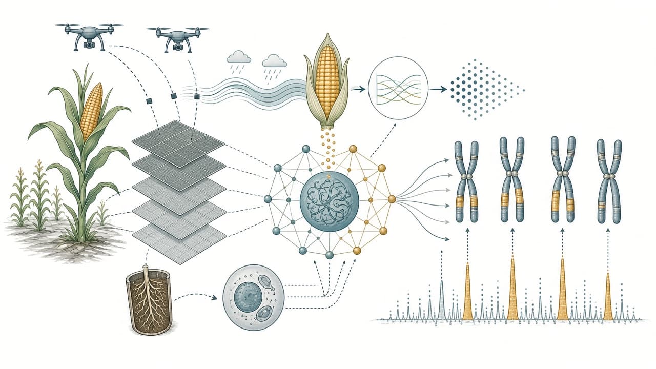 AI-generated editorial illustration: An open field phenomics resource for multimodal maize yield prediction across divergent environments