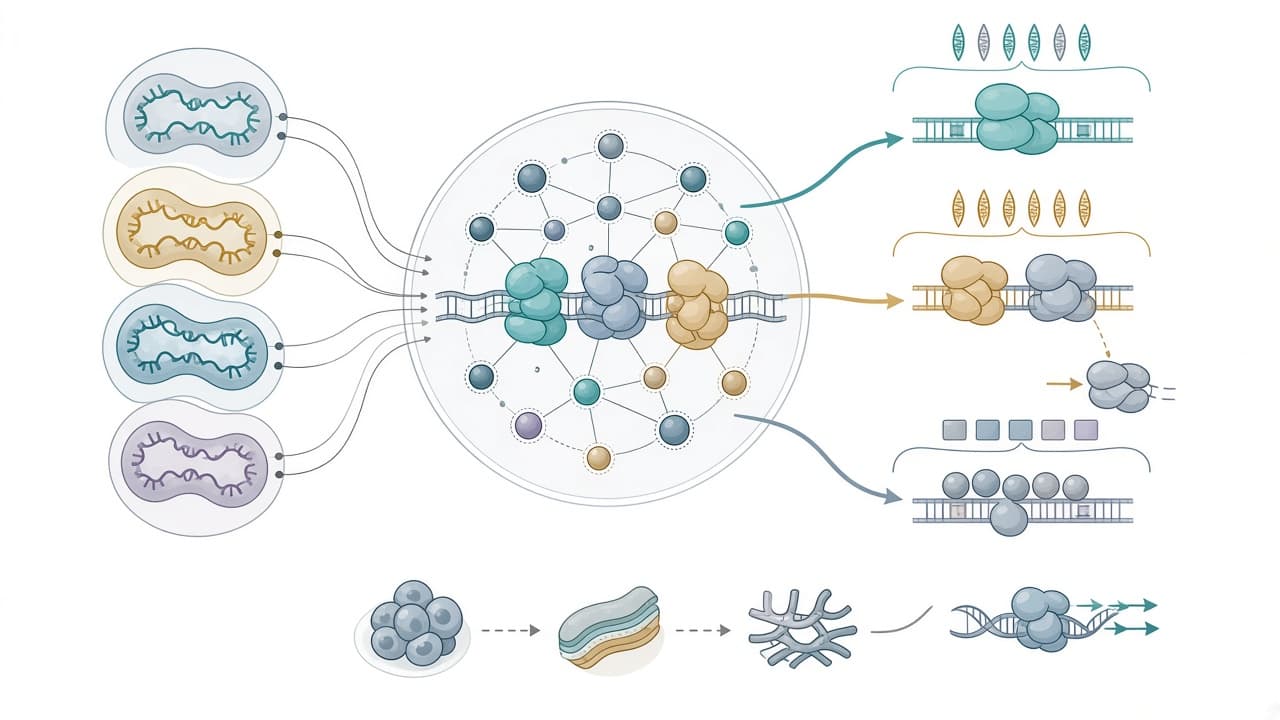 AI-generated editorial illustration: An atlas of transcription factor cooperation reveals how motif readers shape regulatory output