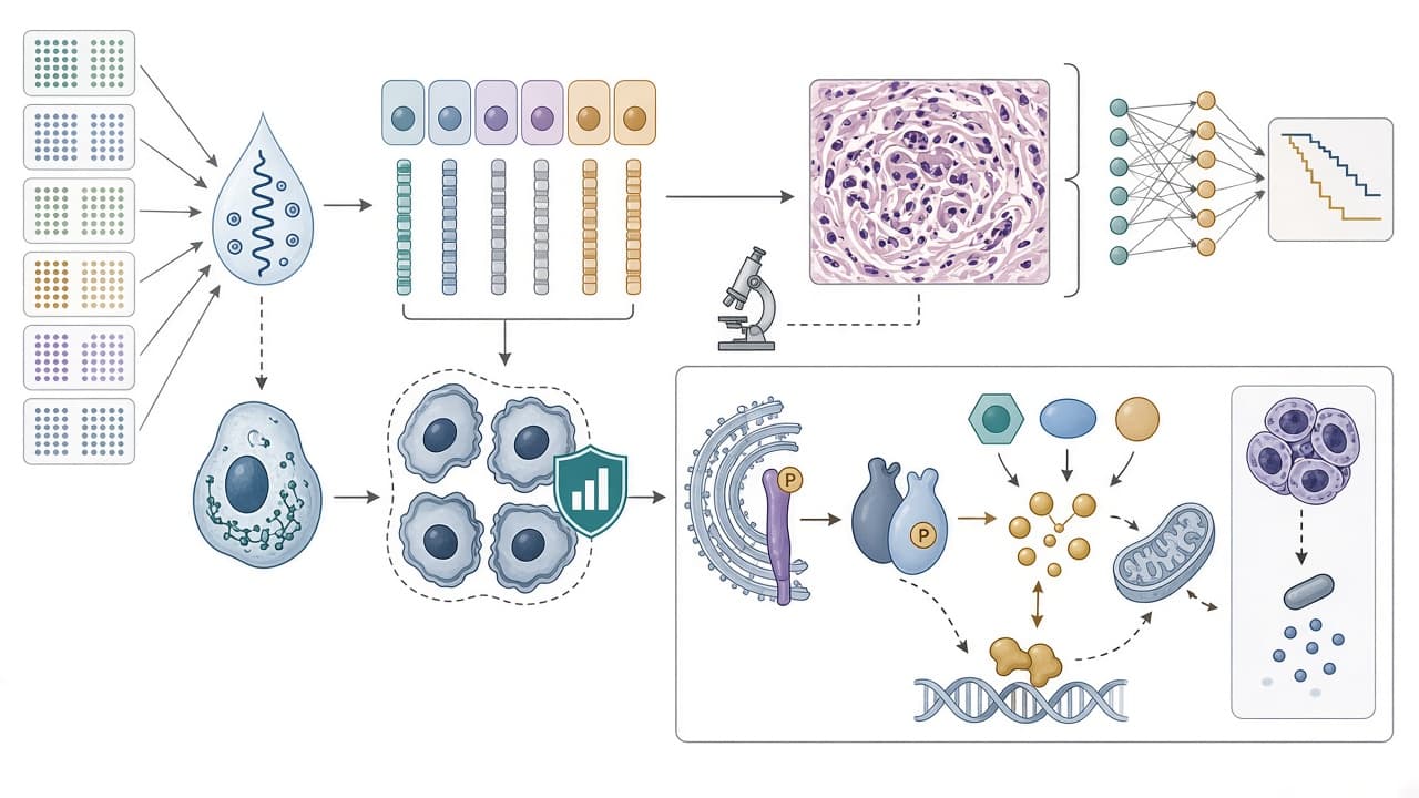 AI-generated editorial illustration: Multimodal AI and single-cell transcriptomics integrate to construct a histopathological prognostic model for bladder cancer, revealing the RTN3-glycolysis axis in chemoresistance.
