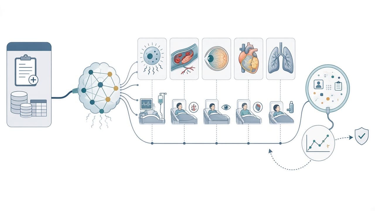 AI-generated editorial illustration: Can Artificial Intelligence Deliver in Real-World Health Systems? Early Insights From Augmented Intelligence in Medicine and Healthcare Initiative's 5 Funded Projects.