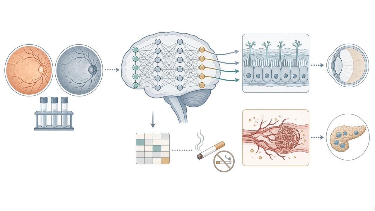 AI-generated editorial illustration: Deep learning-derived retinal age gap and its associations with lifestyle, systemic, and ocular health in a health screening cohort.