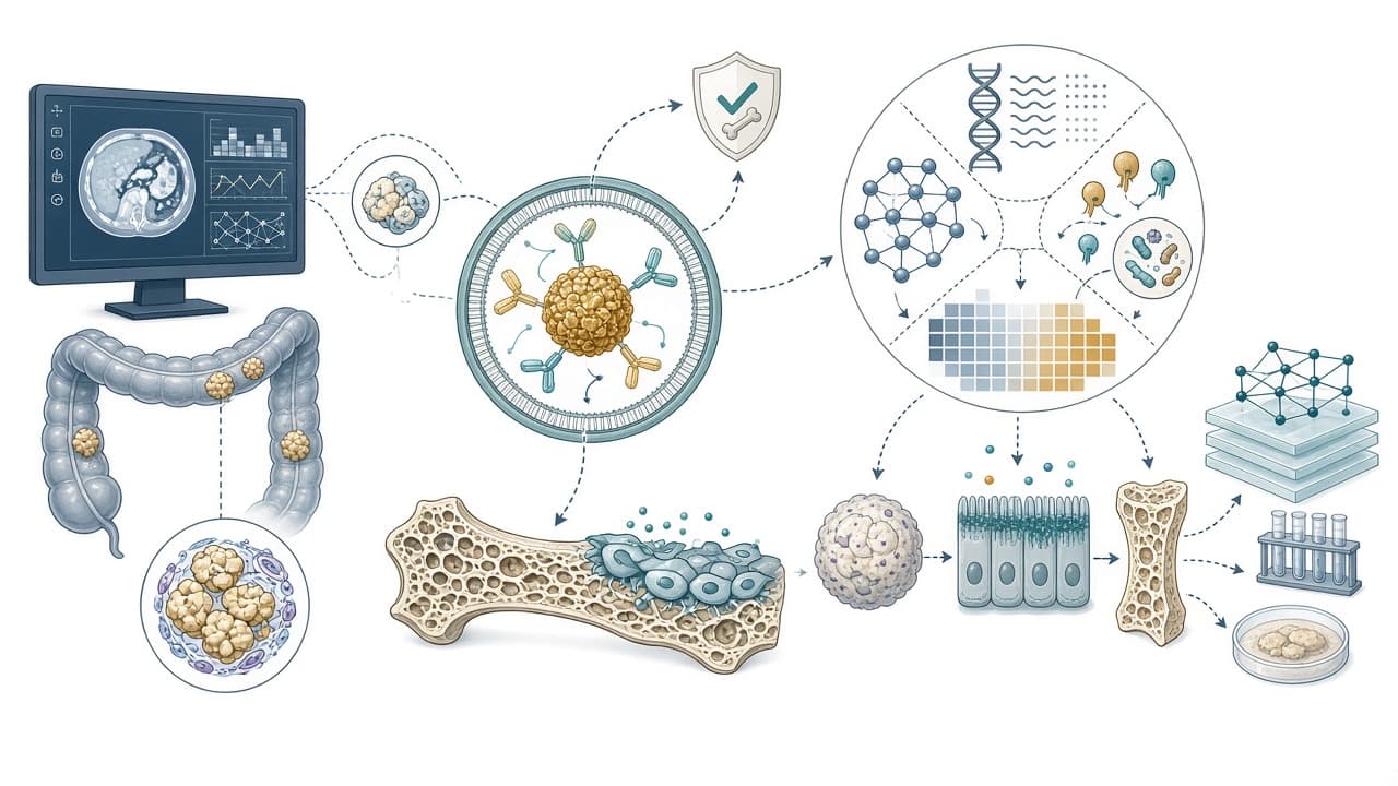 AI-generated editorial illustration: Precision management of gastrointestinal tumor-associated osteoporosis driven by cutting-edge technologies: Current status, challenges, and future prospects.