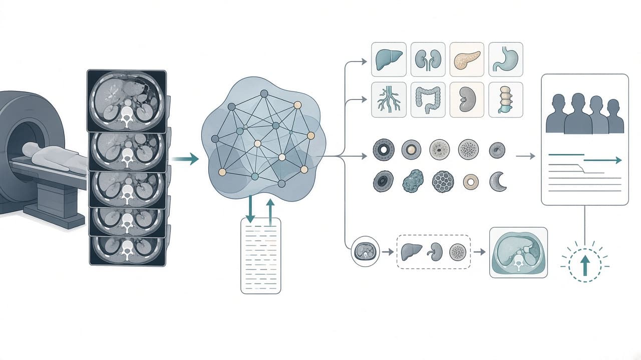 AI-generated editorial illustration: An expert-level generalist AI for abdominal CT diagnosis.