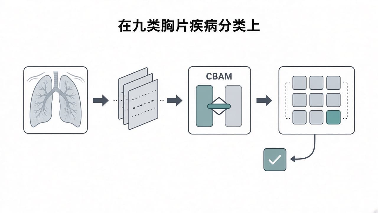 AI-generated editorial illustration: No gain from attention or graph modules in matched ResNet-50, ResNet-18, EfficientNet-B0 and MobileNetV2 baselines for nine-class chest radiographs