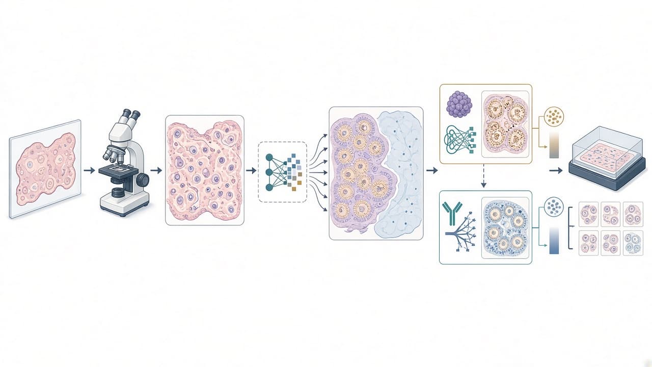 AI-generated editorial illustration: Segmentation of placental tissue using immunofluorescent staining and an artificial intelligence-based analysis workflow.