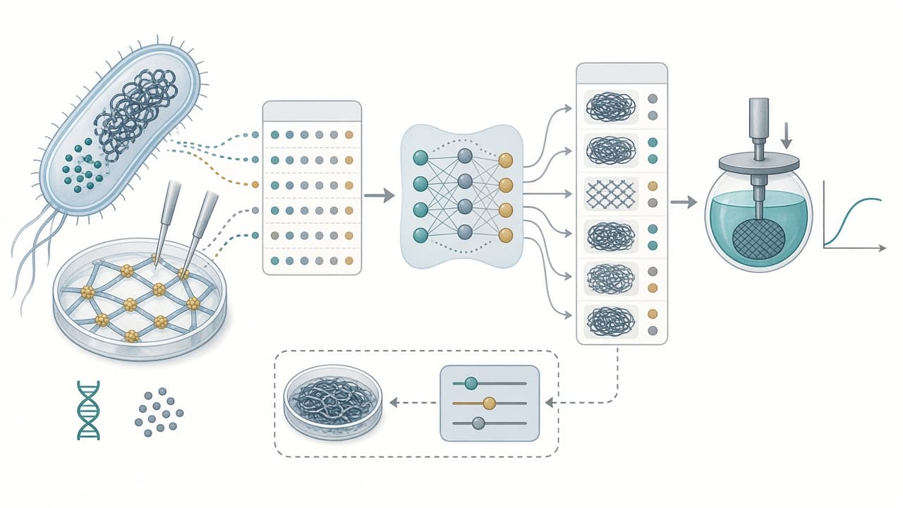 AI-generated editorial illustration: Data-driven predictive design of engineered living hydrogels