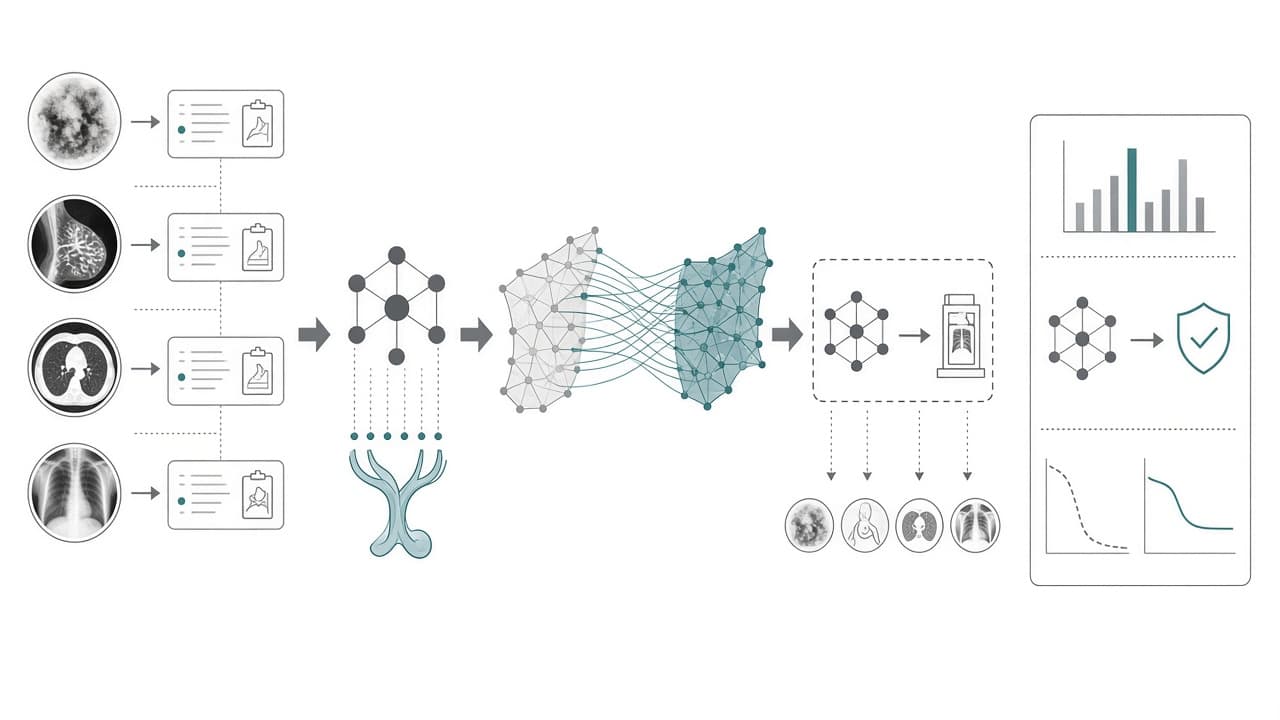 AI-generated editorial illustration: K-MaT: Knowledge-Anchored Manifold Transport for Cross-Modal Prompt Learning in Medical Imaging