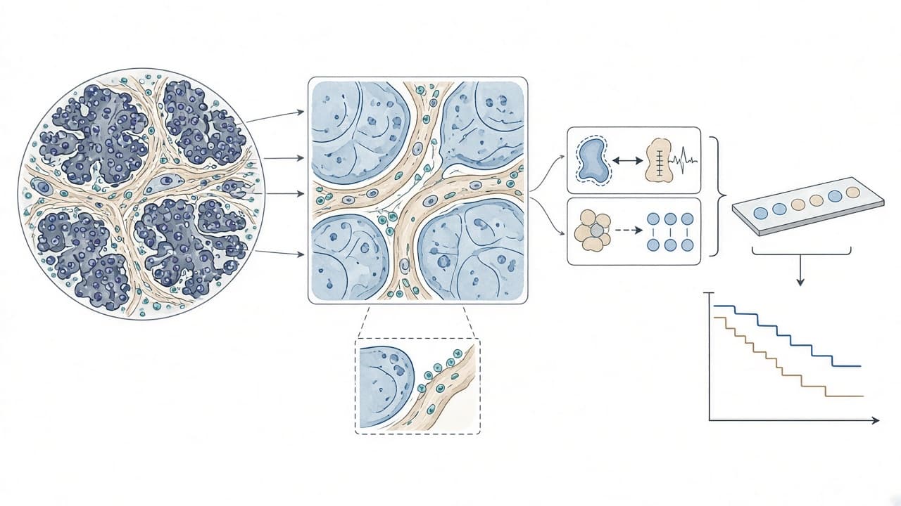 AI-generated editorial illustration: Spatial Configuration of Pancreatic Cancer Is Associated with Disease Recurrence after Neoadjuvant Therapy and Curative-Intent Resection.