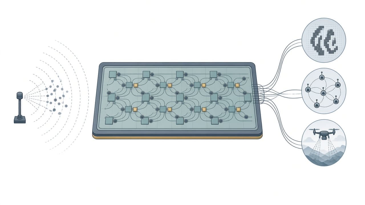 AI-generated editorial illustration: Microwave diffractive neural network chips for sensing and computing.
