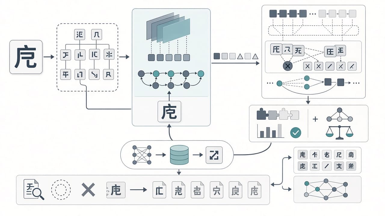 AI-generated editorial illustration: Decompose Radicals, Then Reward: Fine-Grained Inspection for Accurate Chinese Text Rendering