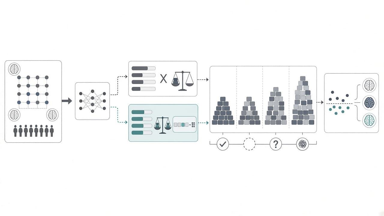 AI-generated editorial illustration: Beyond Marginal Coverage: Class-Conditional Conformal Prediction in Multi-Class Psychiatric Neuroimaging