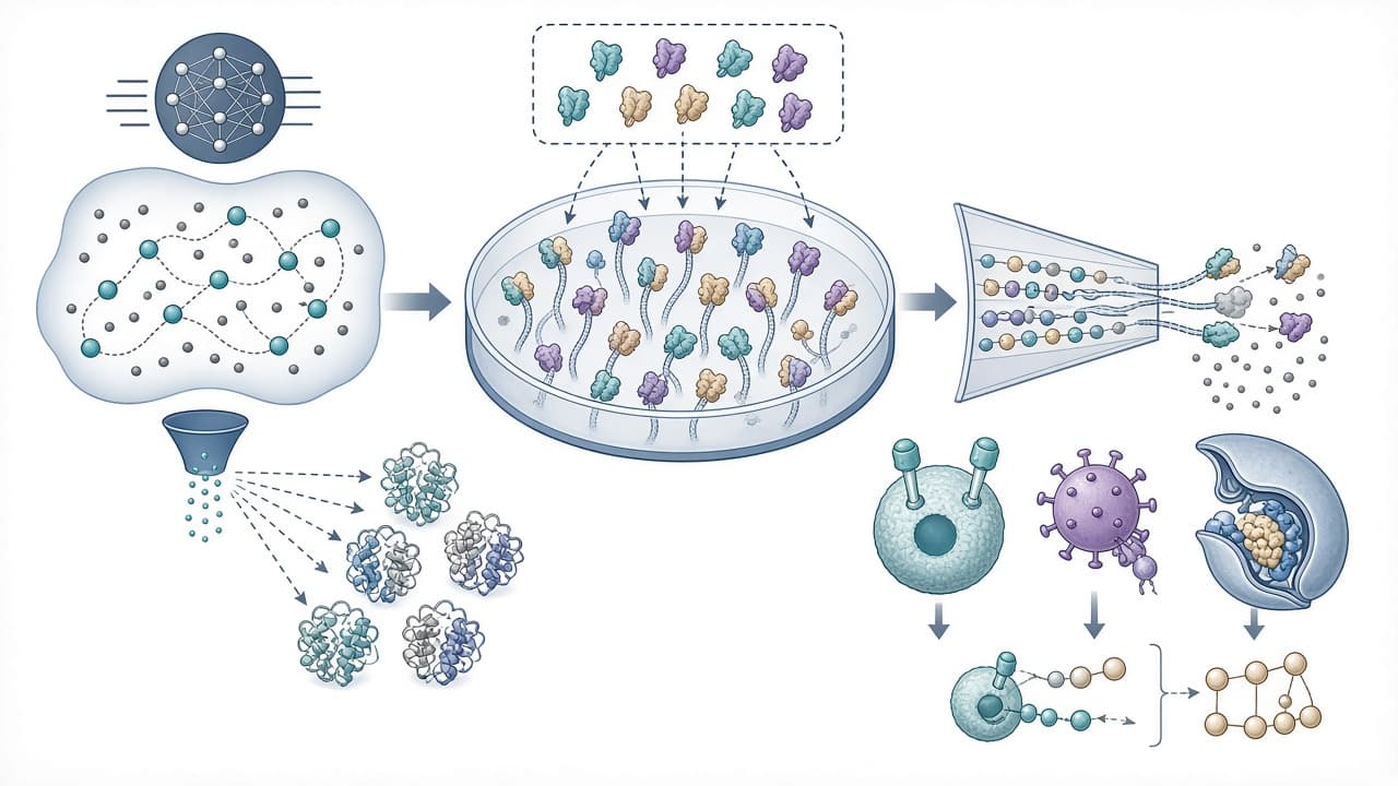 AI-generated editorial illustration: Latent generative search unlocks de novo design of untapped biomolecular interactions at scale