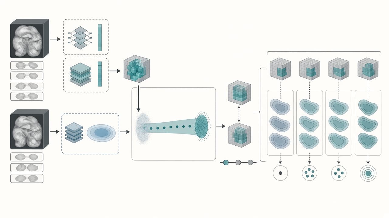 AI-generated editorial illustration: Latent-to-Latent Flow for Volumetric Stochastic Segmentation