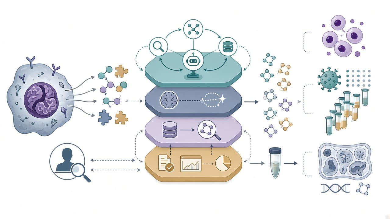 AI-generated editorial illustration: How a team of AIs discovered a promising lung-cancer drug