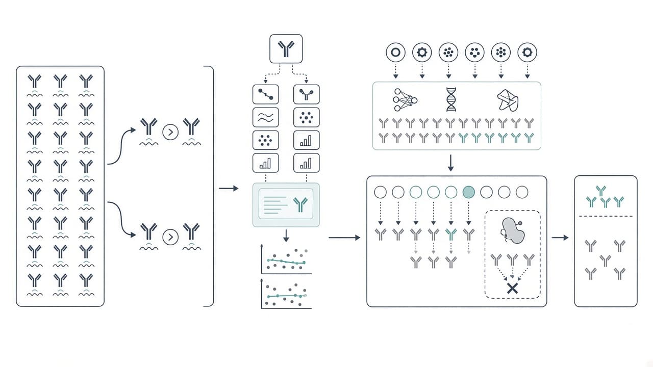 AI-generated editorial illustration: Advancing AI for biology: Teaching models to design and characterize antibodies