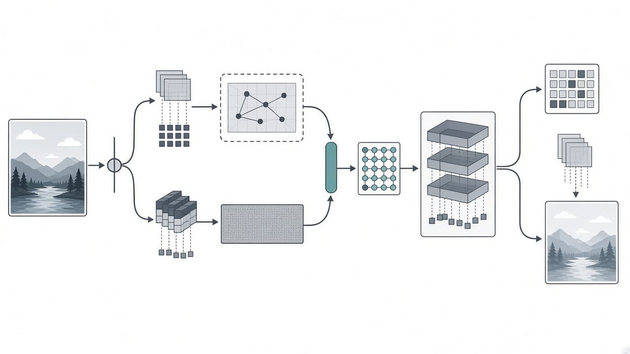 AI-generated editorial illustration: DC-SAE: Deep Compression Semantic Autoencoder for Faster Diffusion Convergence