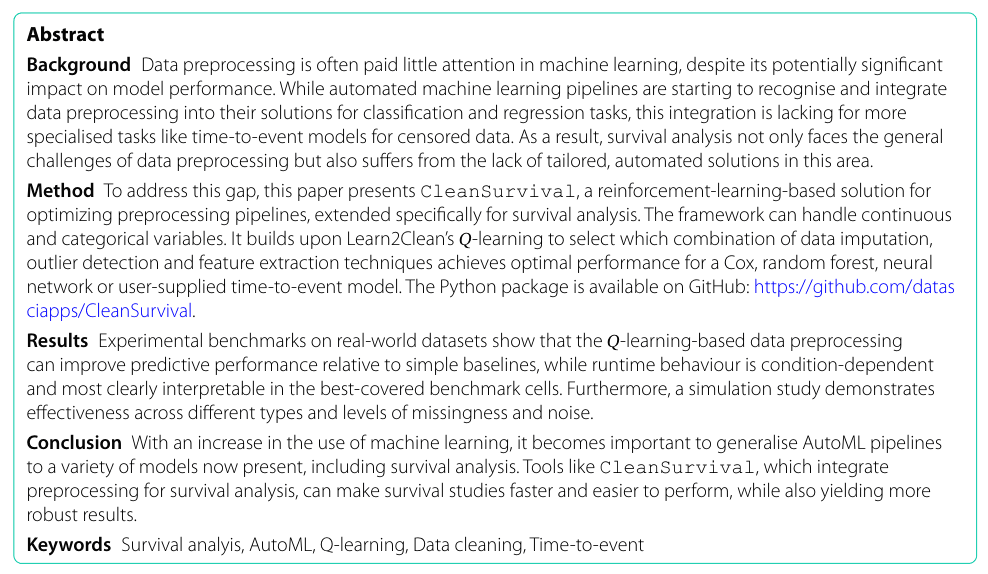 Source-provided article image: CleanSurvival: automated data preprocessing for time-to-event models using reinforcement learning