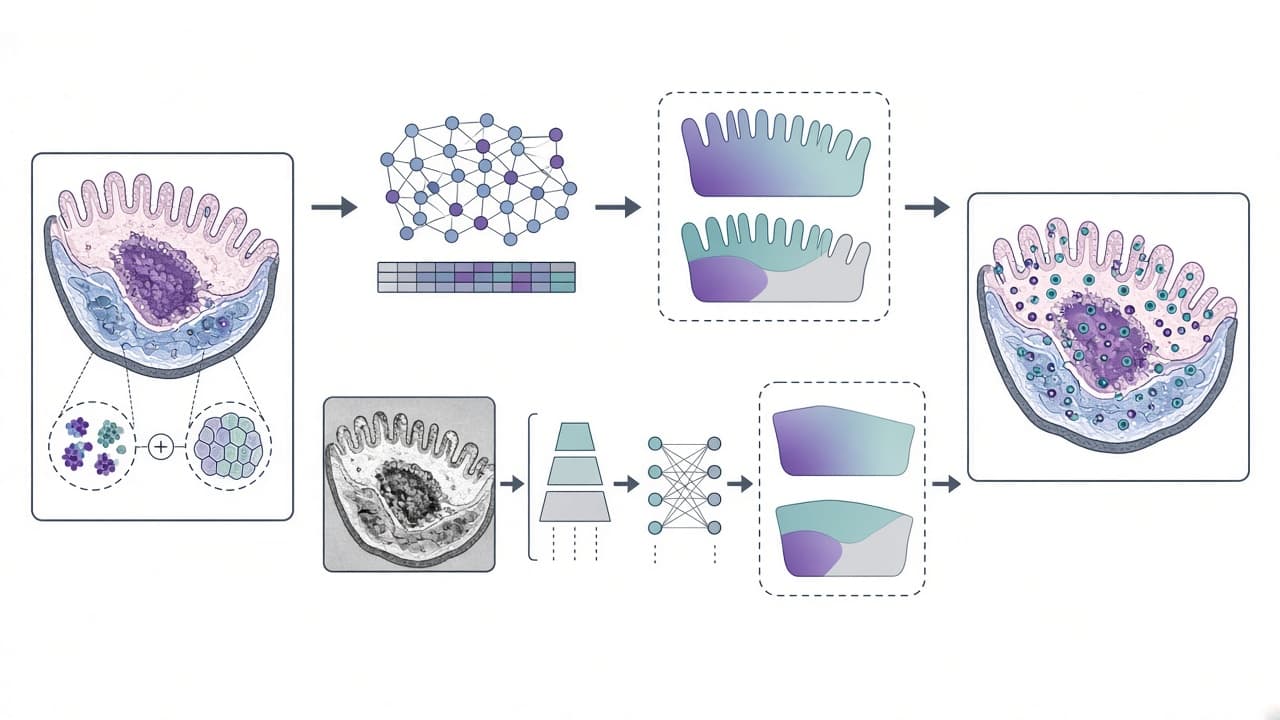AI-generated editorial illustration: SpatialTRACE predicts anatomical axes and regions in spatial transcriptomics and microscopy