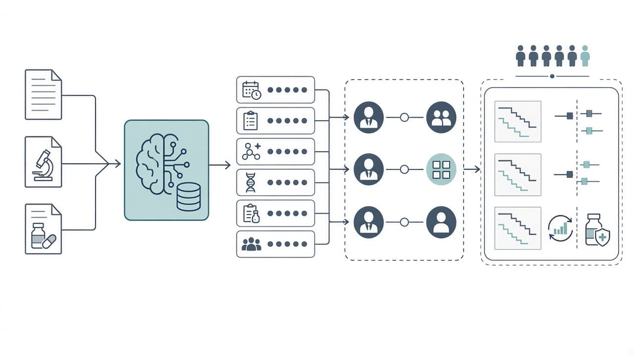 AI-generated editorial illustration: Fully Automated Abstraction of Longitudinal Breast Oncology Records with Off-The-Shelf Large Language Models