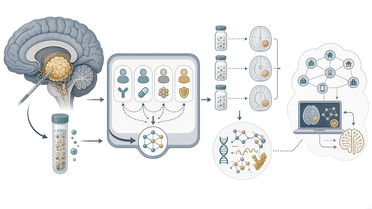 AI-generated editorial illustration: Accelerating discovery: Transformative clinical trial models in neuro-oncology.
