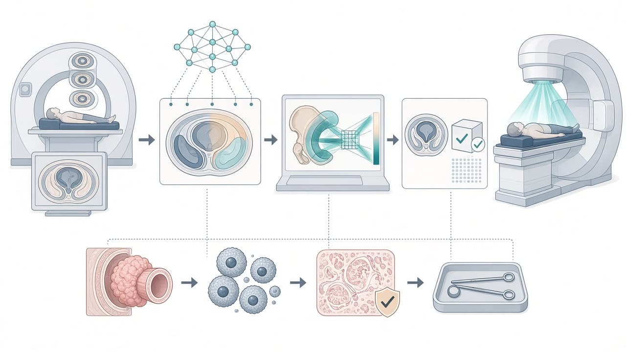 AI-generated editorial illustration: First Implementation of an All-in-One Solution With Fully Automatic Workflow for Rectal Cancer Based on an Integrated CT-linac.
