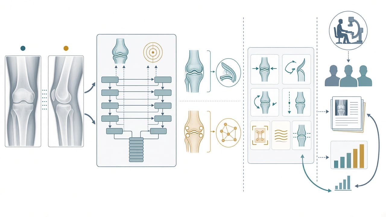 AI-generated editorial illustration: U-Net-Based Automated Quality Control of Knee Radiographs: Dual-Center Validation and Clinical Intervention.