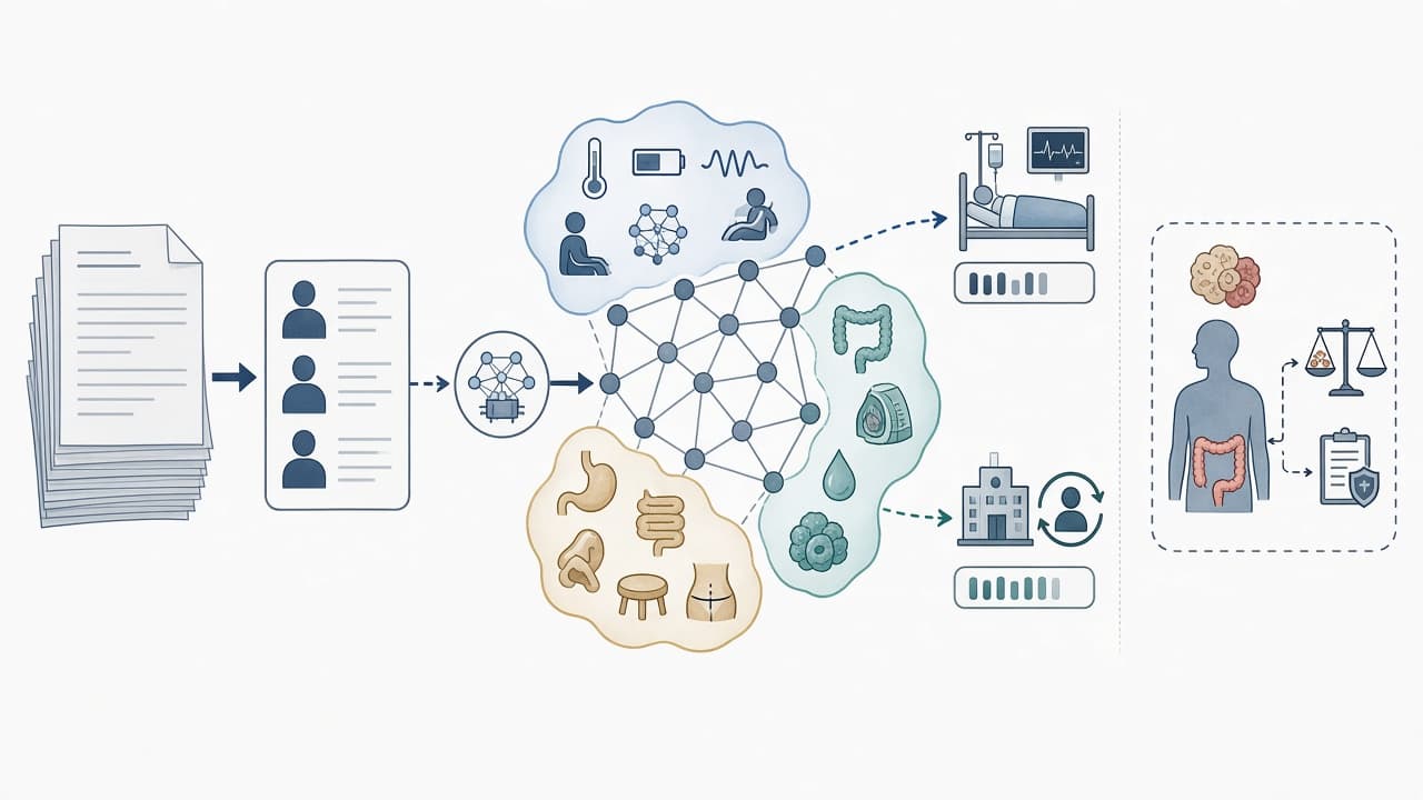 AI-generated editorial illustration: Large Language Model-derived Symptom Clusters and Patient Outcomes in Colorectal Cancer from MIMIC-IV Clinical Notes