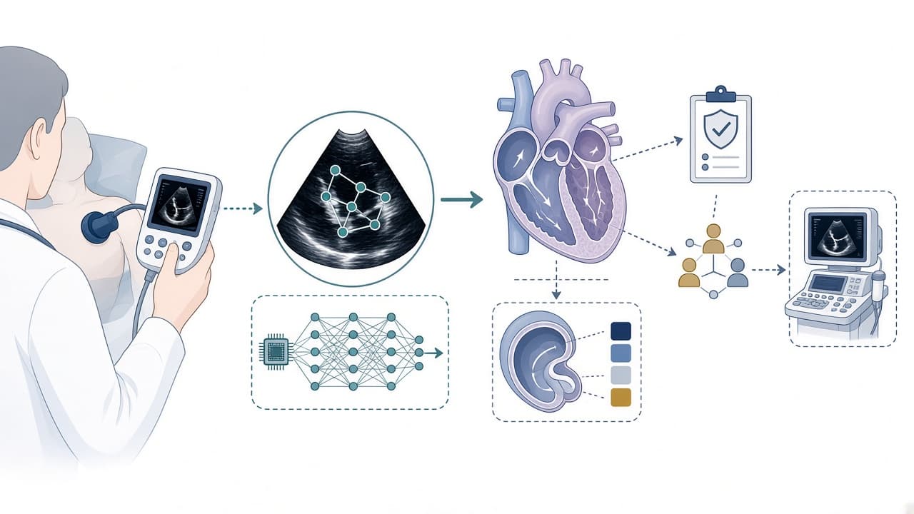 AI-generated editorial illustration: AI-assisted handheld echocardiography for hospital bedside cardiac triage: The prospective OPTIMUST implementation study.
