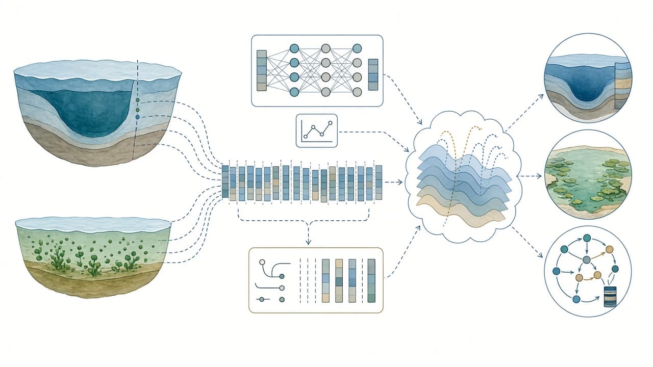 AI-generated editorial illustration: Time-series foundation modeling enables accurate lake ecosystem forecasting