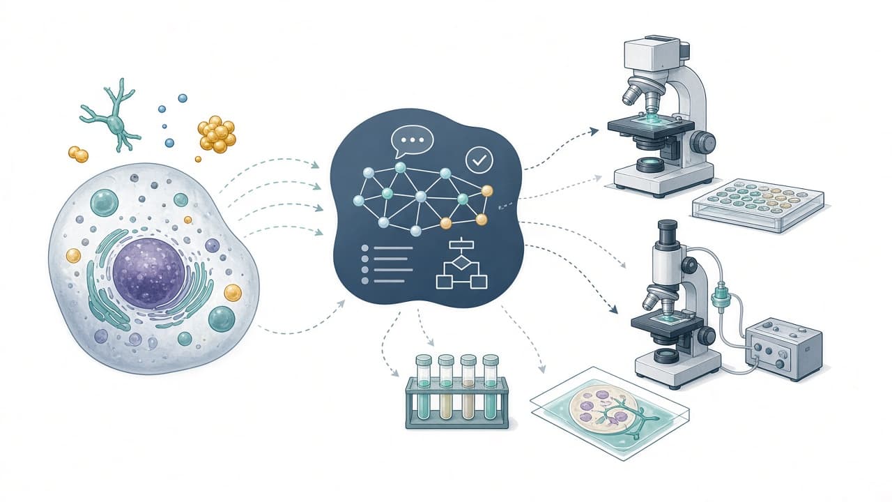 AI-generated editorial illustration: Microscope control with a natural language agent