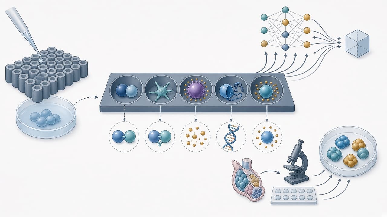 AI-generated editorial illustration: Microwell platform for single-cell applications and future integration with artificial intelligence (AI).