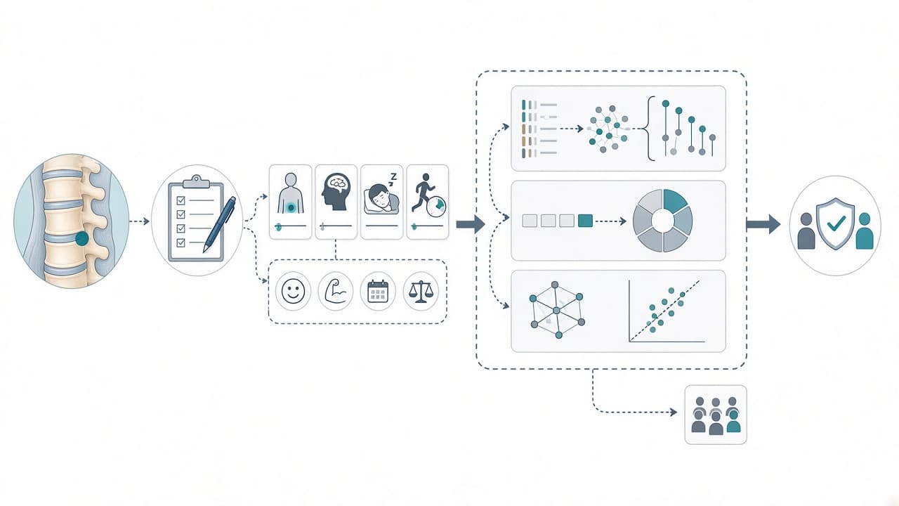 AI-generated editorial illustration: Determination of candidate predictors for chiropractic treatment outcome of spinal pain using a machine learning framework for small datasets.