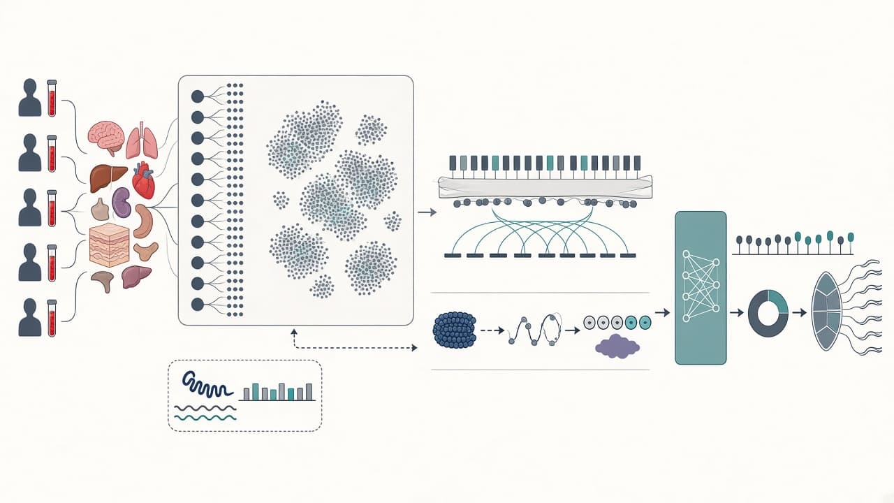 AI-generated editorial illustration: A single-nucleus multi-omic atlas of gene regulation across 21 adult human tissues