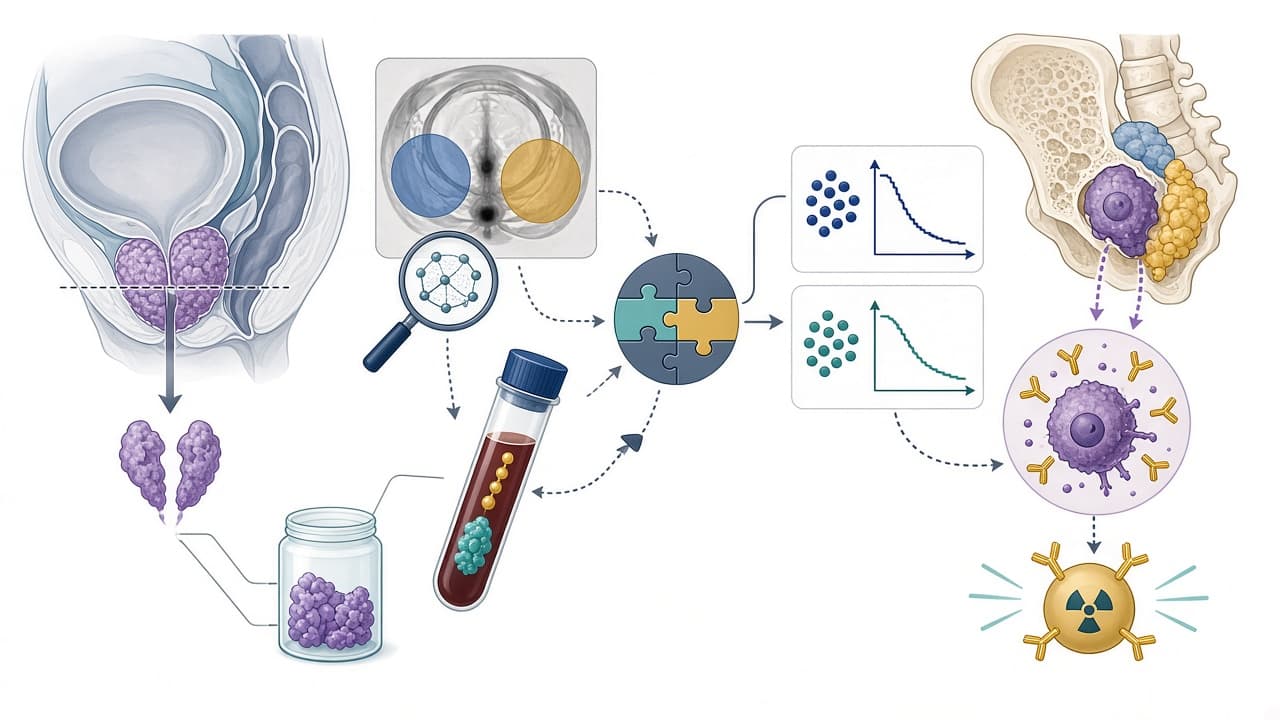 AI-generated editorial illustration: Precision Selection for Targeted Radionuclide Therapy in Prostate Cancer: Biparametric MRI Radiomics Combined with Serum Bone Turnover Biomarkers for Predicting Postoperative Bone Metastasis.