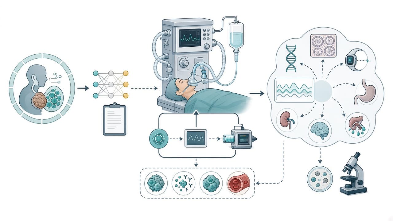 AI-generated editorial illustration: Artificial intelligence in onco-anaesthesia: Current applications, challenges, and future directions.
