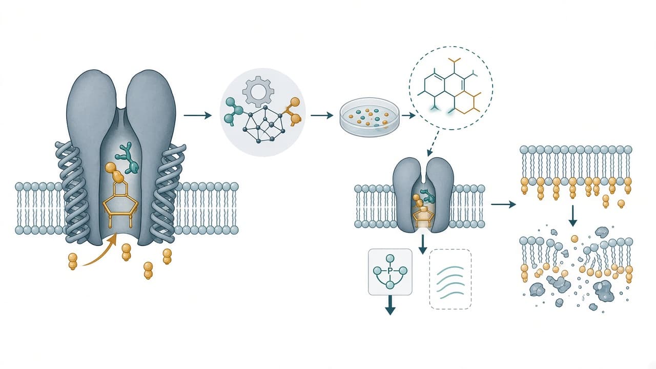 AI-generated editorial illustration: Deep reinforcement learning-driven discovery of a MsbA-targeted small-molecule antibiotic for the treatment of Acinetobacter baumannii infection
