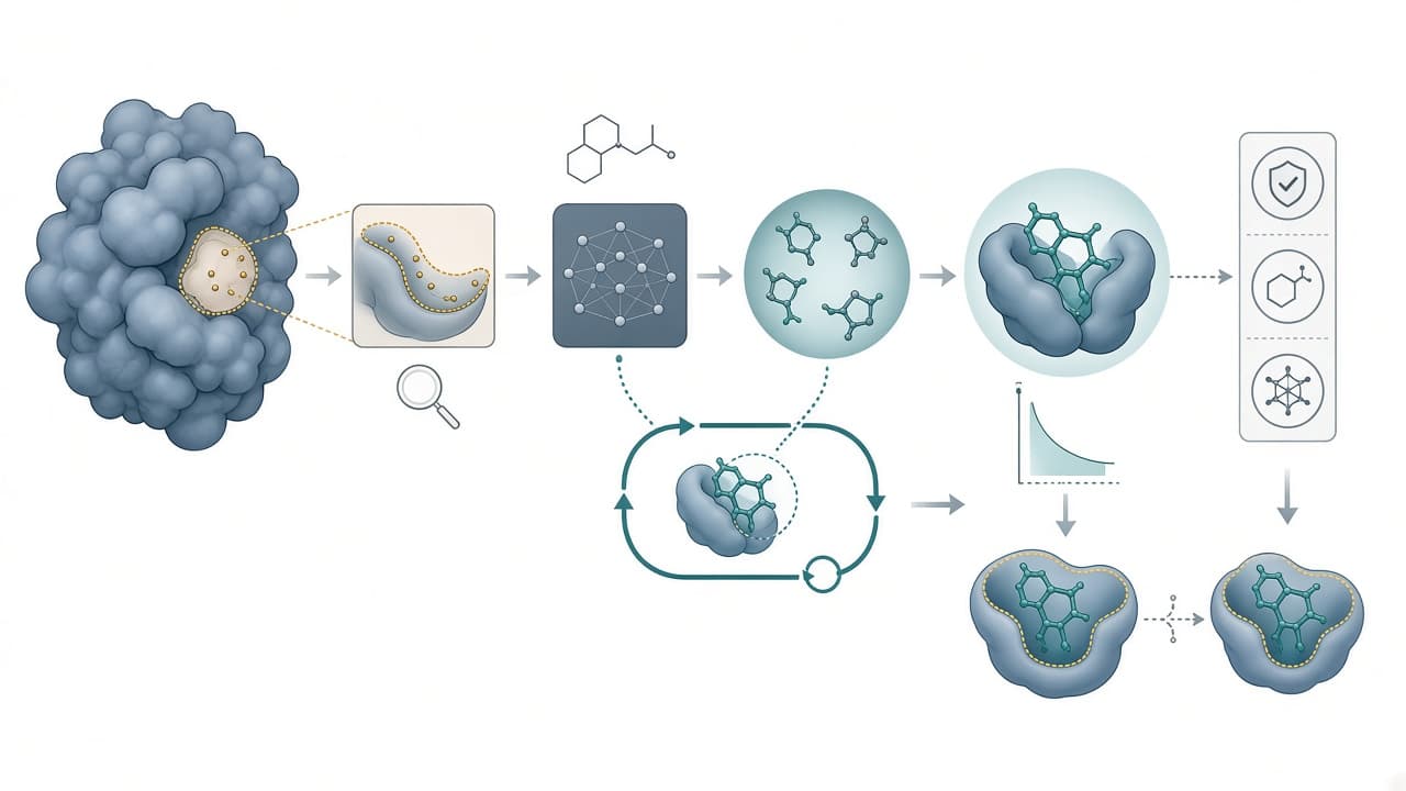 AI-generated editorial illustration: LLMsFold: Integrating Large Language Models and Biophysical Simulations for De Novo Drug Design