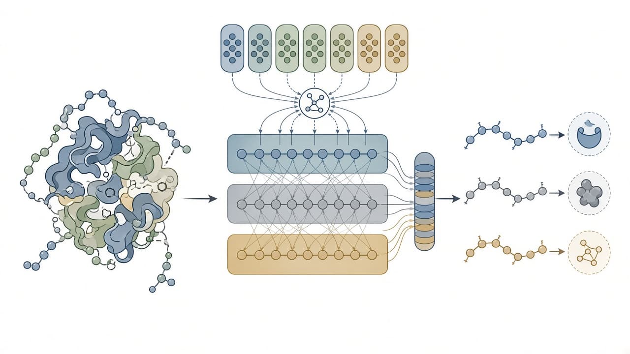 AI-generated editorial illustration: RaFT-DM: A Residue-Aware Fusion Transformer With Domain-Wise Memory for Accurate Multi-Label Protein Function Prediction.