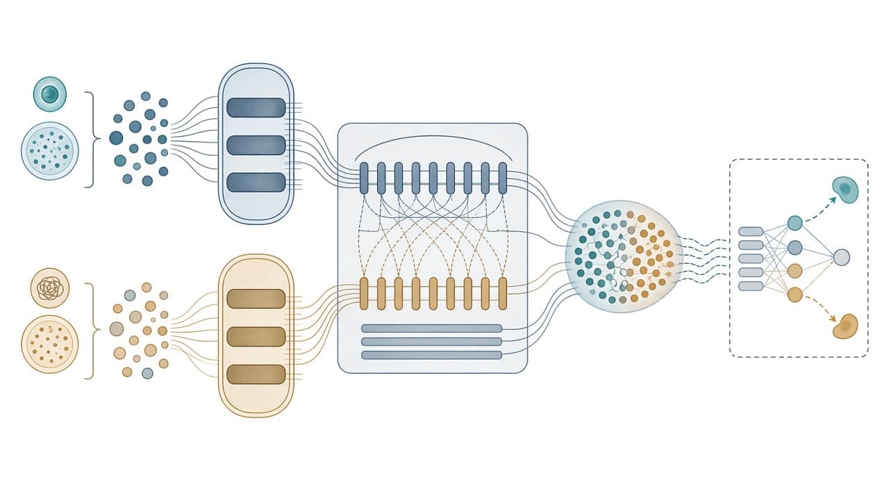 AI-generated editorial illustration: Regulatory-prior-guided attention preserves biological structure during unpaired single-cell RNA-ATAC integration.